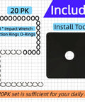 Three Eighths Inch Impact Wrench Retaining Ring Kit With Pro Grade Friction Rings O Rings And Anvil Tools For Electric And Pneumatic Wrenches Using A Three Eighths Inch Square Drive 20 Sets displayed with rings and install tool on grid background.