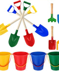 12 Piece Kids Beach Toy Set With Colorful Buckets Shovels Rakes Forks Trowels And Wooden Handle Garden Tools For Sand Water Play