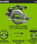 Heavy Duty Brushless Cordless Circular Saw Tool Only Featuring Snappy 24 Volt Battery Power And Knockout Demolition Cutting With Easy Lock Bevel Adjustment For Dependable High Speed Performance, showing 6-1/2" blade and accessories.