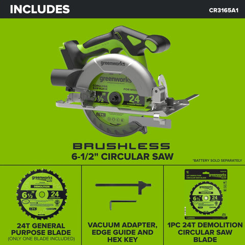 Heavy Duty Brushless Cordless Circular Saw Tool Only Featuring Snappy 24 Volt Battery Power And Knockout Demolition Cutting With Easy Lock Bevel Adjustment For Dependable High Speed Performance, showing 6-1/2" blade and accessories.