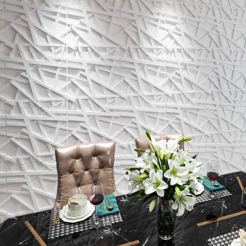 Dope 3D Wall Panels for Interior Decor Matte White Striped Geometric PVC 12 Pack in dining room with flowers and chairs
