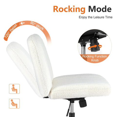 Side view of Criss Cross Furry Armless Office Chair With Wide Seat, showcasing rocking mode and adjustment knob.