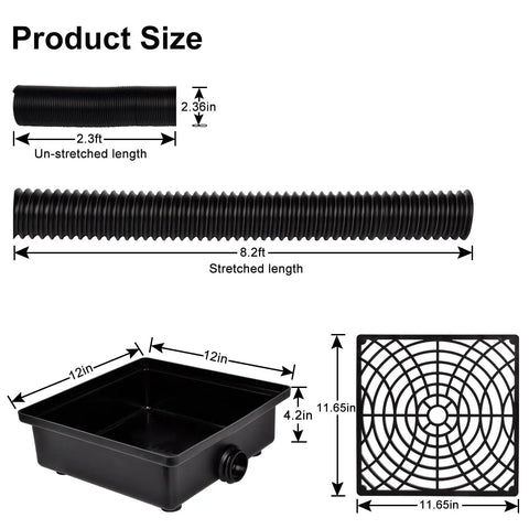 Catch Basin Gutter Downspout Extender Kit 12x12 Low Profile No Digging Required Rainwater Diverter With 2 Inch Inside Diameter Flexible Pipe Stretched To 8.2 Feet Easy Patio Flood Prevention, shown with dimensions and pipe length.