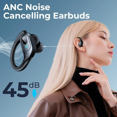 Game-Changing Active Noise Cancelling Earbuds With 90 Hours Playback on woman, emphasize sleek over-ear hook and matte black design.