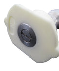 Front view of white plastic lawn-patio knob with metal insert and slotted screw