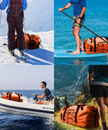 Collage of 80L Dry Bag Waterproof Roll Top Go To Adventure Ready Duffel for diverse outdoor activities in orange