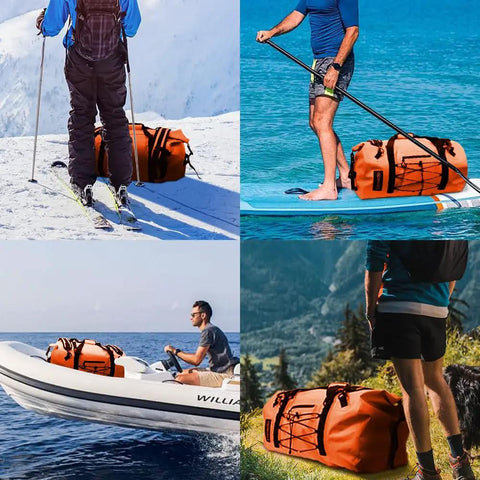 Collage of 80L Dry Bag Waterproof Roll Top Go To Adventure Ready Duffel for diverse outdoor activities in orange