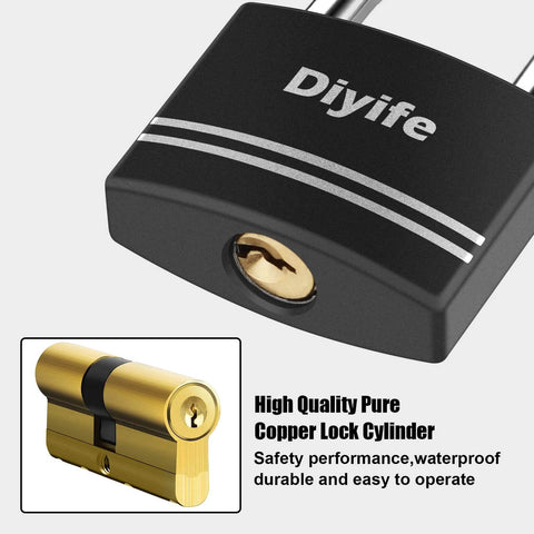 Close-up of Diyife Aluminum Padlock With Key 2 Pack Waterproof And Rustproof Long Shackle Locks showing brass core and lock cylinder.