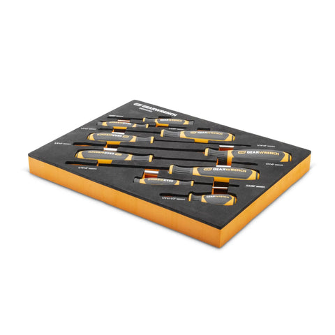 9 Piece Slotted Dual Material Screwdriver Set In Foam Storage Tray With Non-Slip Black Oxide Tips, Ergonomic Tri-Lobed Handles