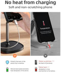 No heat ergonomic phone stand showing iPhone charging, soft silicone pad, prevents metal scratches and text neck, for gaming setup.