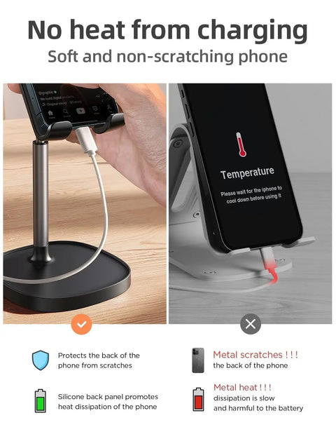 No heat ergonomic phone stand showing iPhone charging, soft silicone pad, prevents metal scratches and text neck, for gaming setup.
