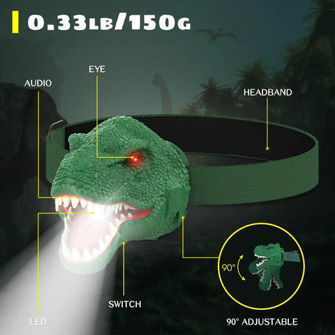 Dinosaur Headlamp For Kids and Adults with Four Modes LED headlamp displaying features like 90° adjustable headband.