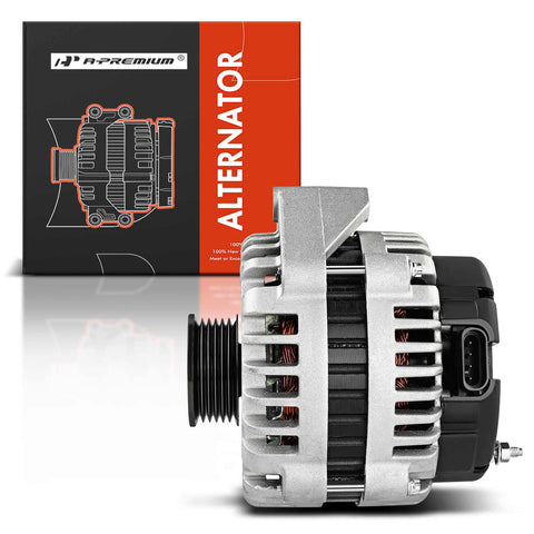 Heavy Duty 12V 150A Alternator With 6 Groove Pulley CW For Chevy Silverado 1500 and compatible models, shown with box.
