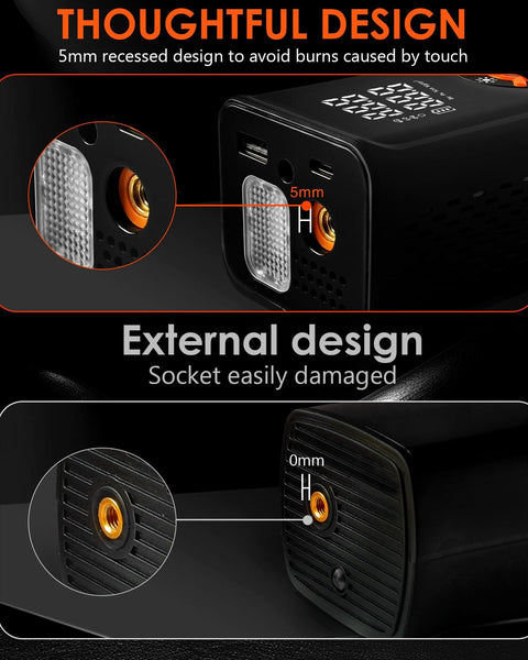 Portable Tire Inflator Air Compressor With Frosted Digital Gauge For Cars And More, showing recessed design and sockets.
