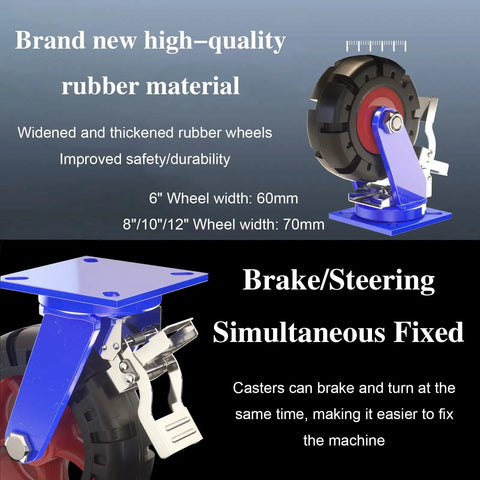 Heavy Duty Industrial Swivel Casters With Solid Natural Rubber Wheels Support Heavy Loads Without Breaking A Sweat While Delivering Quiet Smooth As Silk Glide - 6 inch caster with blue steel base and brake