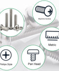 15 Piece M6 Pan Head Machine Screws Tough As Nails 304 Stainless Steel Phillips Cross Drive Fasteners shown with details.