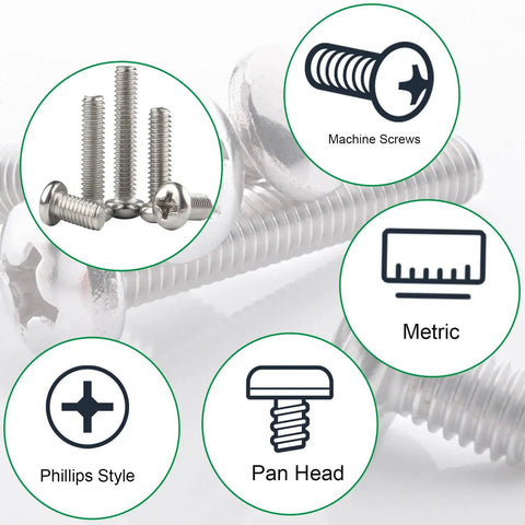 15 Piece M6 Pan Head Machine Screws Tough As Nails 304 Stainless Steel Phillips Cross Drive Fasteners shown with details.