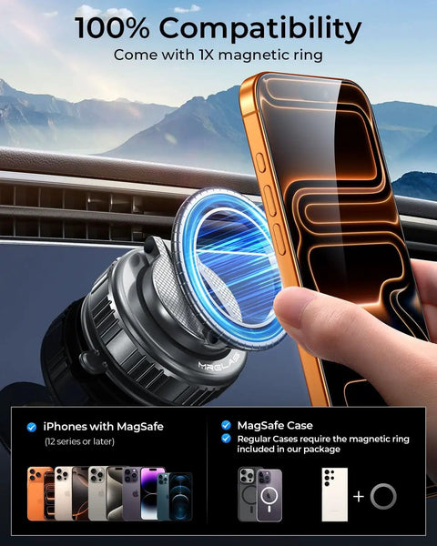 "Upgraded 360 Degree Rotation Vacuum Magnetic Phone Holder Stand For MagSafe with phone being attached using magnetic ring"