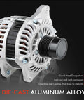 Front view of Beefy 140A 12V 6-Groove Alternator For Jeep Compass 2007-2017 Patriot 2007-2017 Caliber 2008-2009 Avenger 2008-2014 Chrysler 200 2011-2014 Sebring 2007-2010 Fits 2.0L And 2.4L Engines Replacement with die-cast aluminum alloy.