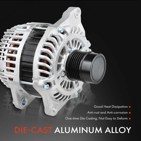 Front view of Beefy 140A 12V 6-Groove Alternator For Jeep Compass 2007-2017 Patriot 2007-2017 Caliber 2008-2009 Avenger 2008-2014 Chrysler 200 2011-2014 Sebring 2007-2010 Fits 2.0L And 2.4L Engines Replacement with die-cast aluminum alloy.