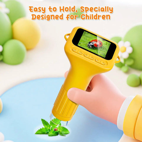 Kid Friendly Digital Microscope With 2 Inch HD Display And 1000X Zoom Handheld Pocket Scope For Science Discovery Totally Fun Educational Toy Gift For Ages 4 To 12 Boys And Girls Easy To Use Ultra Portable, yellow handheld view