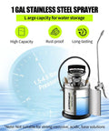 One Gallon Stainless Steel Pump Sprayer With 20 Inch Wand And 4 Foot Hose For Plants, Weed And Pest Control shown.