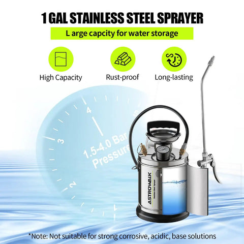 One Gallon Stainless Steel Pump Sprayer With 20 Inch Wand And 4 Foot Hose For Plants, Weed And Pest Control shown.