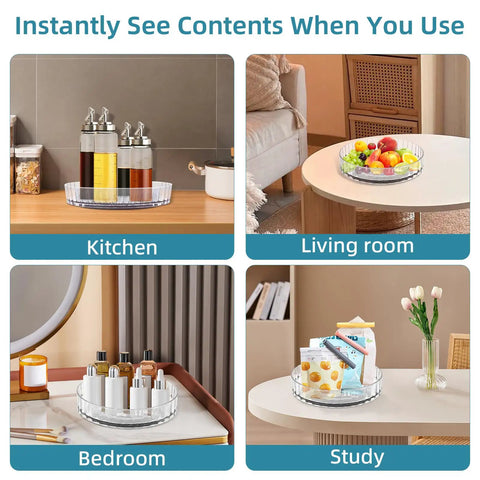 Compact Clear Acrylic Lazy Susan Organizer 8 Inch Turntable For Cabinets Countertops And Bathrooms Easy Spin 360 Degrees in use