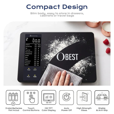 Food Scale With Nutritional Calculator For Tracking 30 Plus Nutrients Calories And Macros Bluetooth Kitchen Scale With Free App For Meal Prep Weight Loss Coffee Making And Daily Health Reports 22Lb Capacity shown with a hand cleaning its surface.