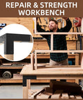 Heavy Duty Steel Corner Support Brackets For Work Bench And Diy Shelving Right Angle L Brackets With Black Powder Finish showing a workbench scene.