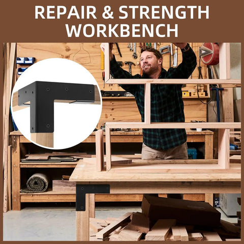 Heavy Duty Steel Corner Support Brackets For Work Bench And Diy Shelving Right Angle L Brackets With Black Powder Finish showing a workbench scene.
