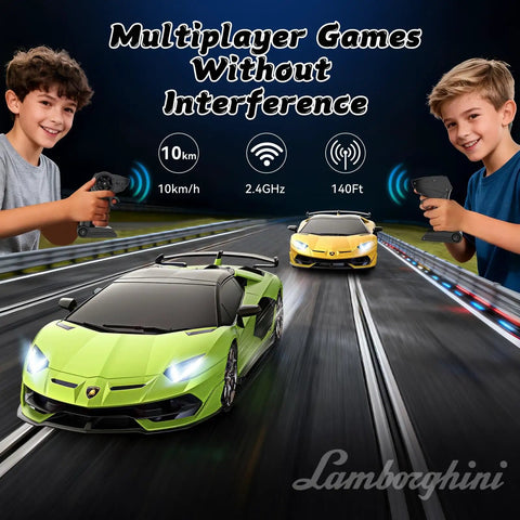 Boys playing with Lamborghini Licensed Remote Control Car 1 To 16 Scale Aventador SVJ Ride Ultra Fast RC Race Toy