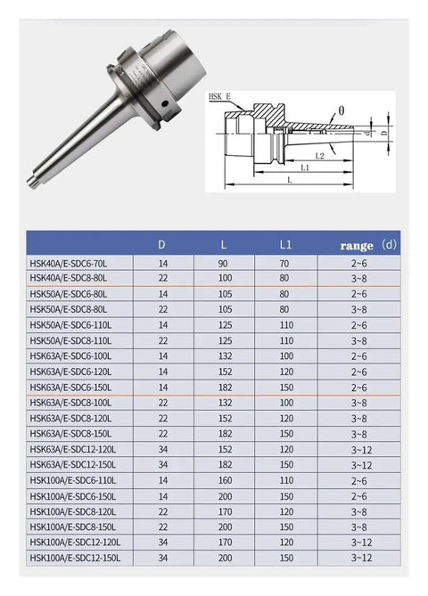 Heavy Duty HSK63A Extended Collet Kit Paired With SDC8 Clamping Frame Cast From Premium Stainless Steel For CNC Milling And Grinding Rigs Shock Absorbing Design For Rock Steady Performance, product dimensions chart.