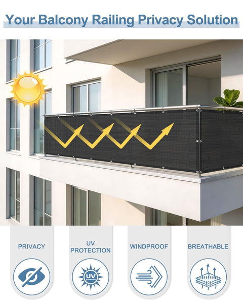 Black 3x10 Privacy Screen Fence Cover Made From HDPE Mesh With Grommets On Balcony Railing For UV Protection