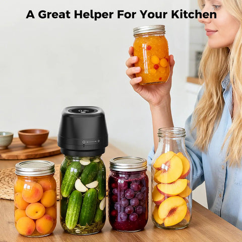 Upgraded 3-In-1 Electric Mason Jar Vacuum Sealer With Built In Converter For Regular And Wide Mouth Jars, Vacuum Bags, Containers, And Wine Bottles Efficient Kitchen Freshness Preservation Tool Black in use with jars of fruits and vegetables.