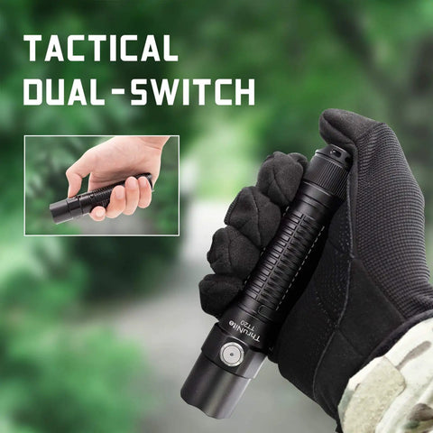 Rechargeable TT20 Flashlight With USB C Charging, Turbo Power Up To 2526 Lumens, 258 Meter Beam, tactical dual-switch in hand