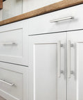 10 Pack Brushed Satin Nickel Cabinet Pulls Bar Style 5 Inch 128mm Hole Centers Modern Kitchen Cabinet Handles Installed on White Cabinets
