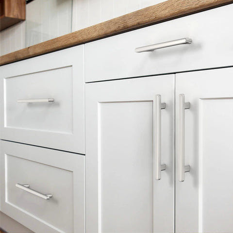 10 Pack Brushed Satin Nickel Cabinet Pulls Bar Style 5 Inch 128mm Hole Centers Modern Kitchen Cabinet Handles Installed on White Cabinets