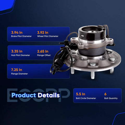 Beefed-Up Front Left Wheel Hub And Bearing Assembly For Chevy Colorado GMC Canyon Isuzu I-350 I-370 4WD 6 Lug With ABS OE Quality 515110 Direct Fit Replacement Ready To Install with visible dimensions and details.