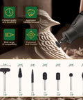 Rotor saw burr set for 1/8 shaft; seven wood carving bits in round, conical, and barrel shapes.