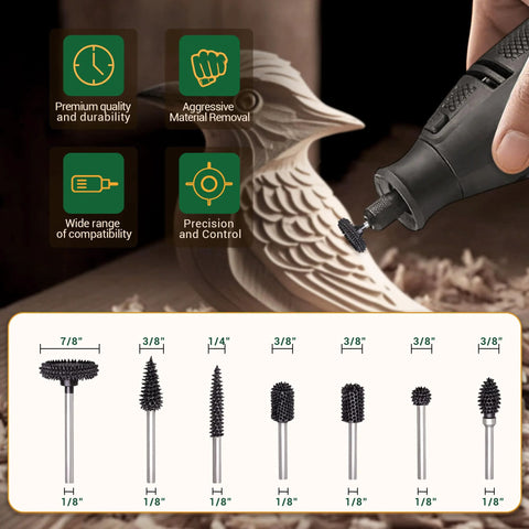Rotor saw burr set for 1/8 shaft; seven wood carving bits in round, conical, and barrel shapes.