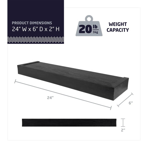 24 Inch Floating Wall Shelf Holds Up To 20 Lbs Tool-Free Drywall Install Flat Black Finish with dimensions and weight capacity.