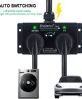 No Sweat Automatic Ev Charger Splitter For Nema 14 30P Dryer Outlet With Smart Power Sharing Plug And Play EV Saver Cable showing a dryer outlet and an electric vehicle.