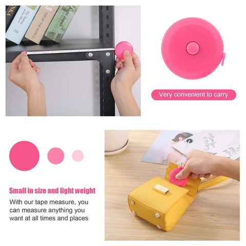 Retractable 60 Inch Tape Measure Set For Sewing, Crafting And DIY in pink, showing compact design and ease of use
