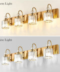 Hot Brass Gold Vanity Light Fixture With Four Crystal Lights For Bathroom Over Mirror Modern Wall Mount Bath Lighting E26 Base Compatible With LED And Incandescent Bulbs 31.5 Inches Long 7.3 Inch Projection showing warm and white light settings