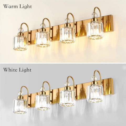 Hot Brass Gold Vanity Light Fixture With Four Crystal Lights For Bathroom Over Mirror Modern Wall Mount Bath Lighting E26 Base Compatible With LED And Incandescent Bulbs 31.5 Inches Long 7.3 Inch Projection showing warm and white light settings