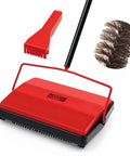 Manual Carpet Floor Sweeper With Tough Horsehair Rollers To Snag Pet Hair And Crumbs Plug Free Unit shown with comb for cleaning.