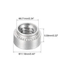 Top Drawer Heavy Duty Self Clinching Nuts Quarter 20 Thread Stainless Steel Rivet Nut With Round Head For Thin Sheet Metal And Quick Install Mounting Hardware Fifty Pack No Fuss Assembly close-up showing dimensions and threaded design.