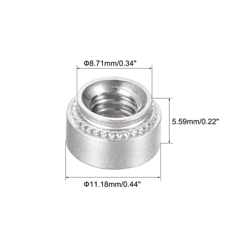 Top Drawer Heavy Duty Self Clinching Nuts Quarter 20 Thread Stainless Steel Rivet Nut With Round Head For Thin Sheet Metal And Quick Install Mounting Hardware Fifty Pack No Fuss Assembly close-up showing dimensions and threaded design.