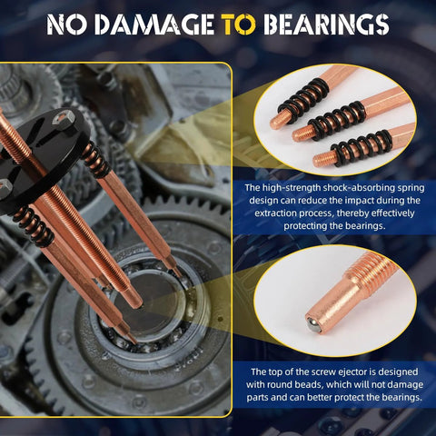 Front view of Amazon bearing puller kit, 36-in-1 wheel bearing removal tool with copper rods, springs, and 3-jaw puller set